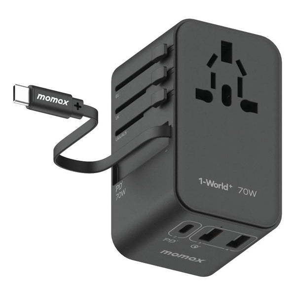 MOMAX 1-World 70W GaN 3 Port With Built-IN USB-C Cable AC Travel Adaptor