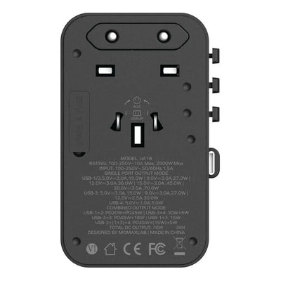 MOMAX 1-World 70W GaN 3 Port With Built-IN USB-C Cable AC Travel Adaptor