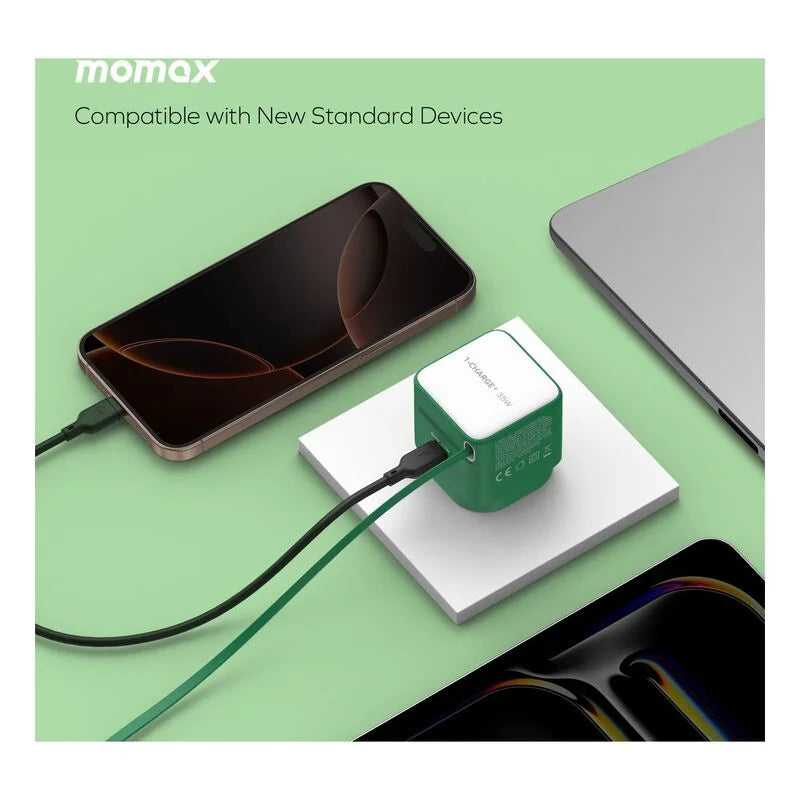 MOMAX 1- Charge 35 W GaN 1 Port Charger With Built-In USB-C-Cable Green