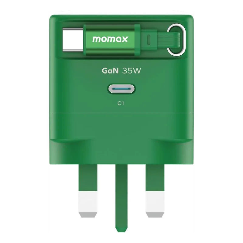 MOMAX 1- Charge 35 W GaN 1 Port Charger With Built-In USB-C-Cable Green
