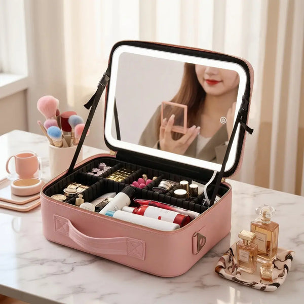 Makeup Bag with LED Mirror Travel Cosmetic Organizer Case Pink Scrollcart Qatar 