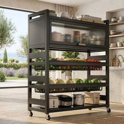 Metal 5-Layer Kitchen Storage Rack with Wheels - Dustproof Cabinet Organizer Scrollcart Qatar 