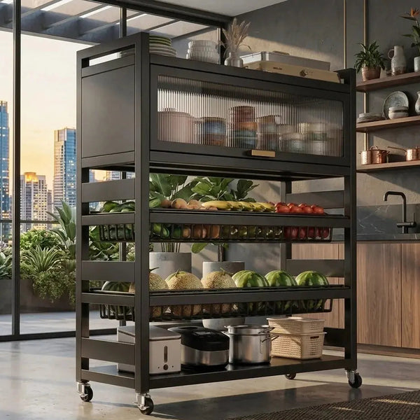 Metal 5-Layer Kitchen Storage Rack with Wheels - Dustproof Cabinet Organizer Scrollcart Qatar 