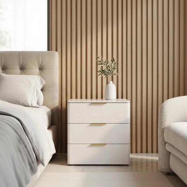 Modern 3 Drawer Bedside Table with Stone Top – Solid Wooden Nightstand Cabinet Scrollcart Qatar 