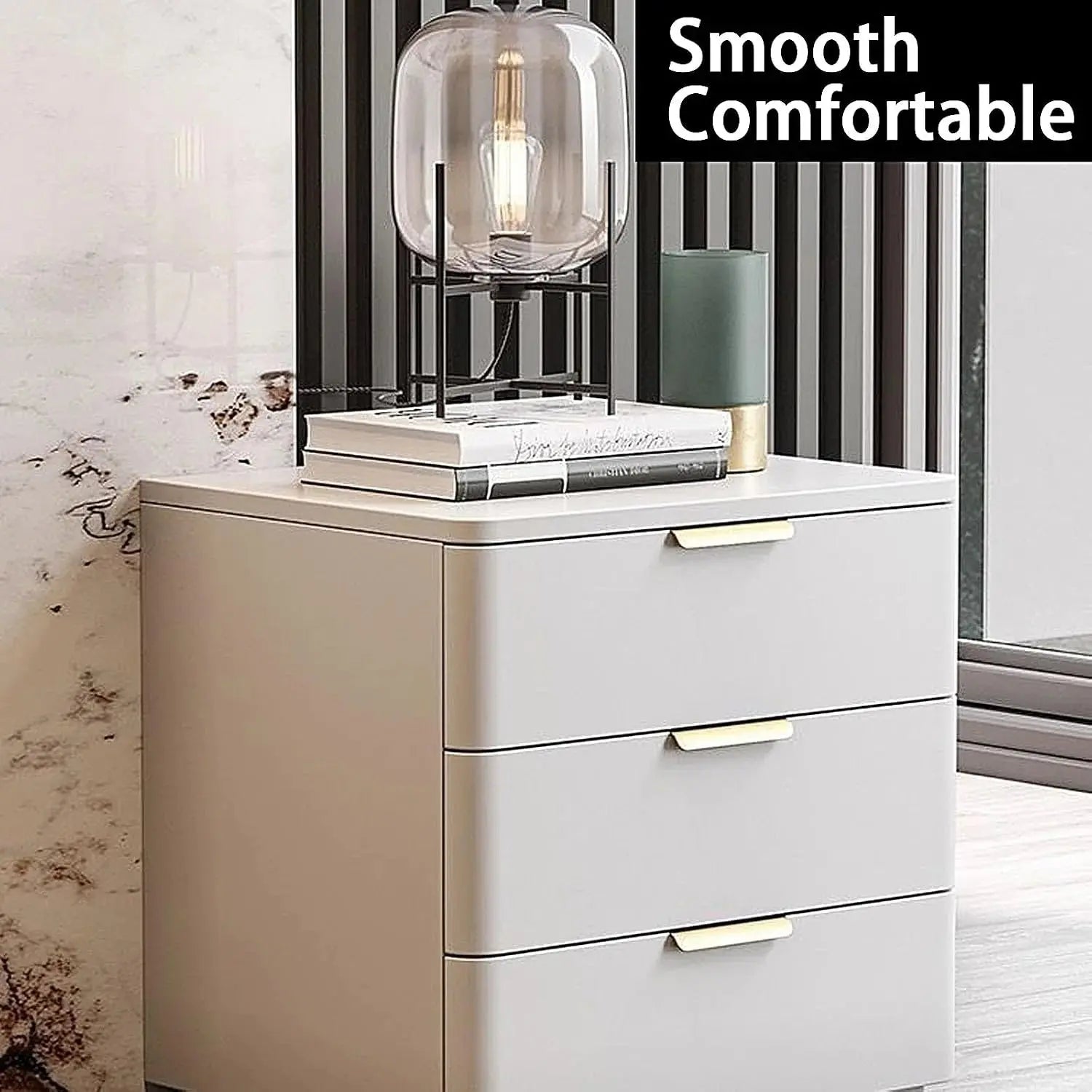 Modern 3 Drawer Bedside Table with Stone Top – Solid Wooden Nightstand Cabinet Scrollcart Qatar 