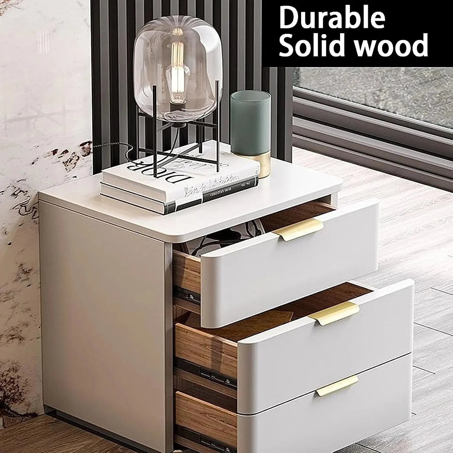 Modern 3 Drawer Bedside Table with Stone Top – Solid Wooden Nightstand Cabinet Scrollcart Qatar 