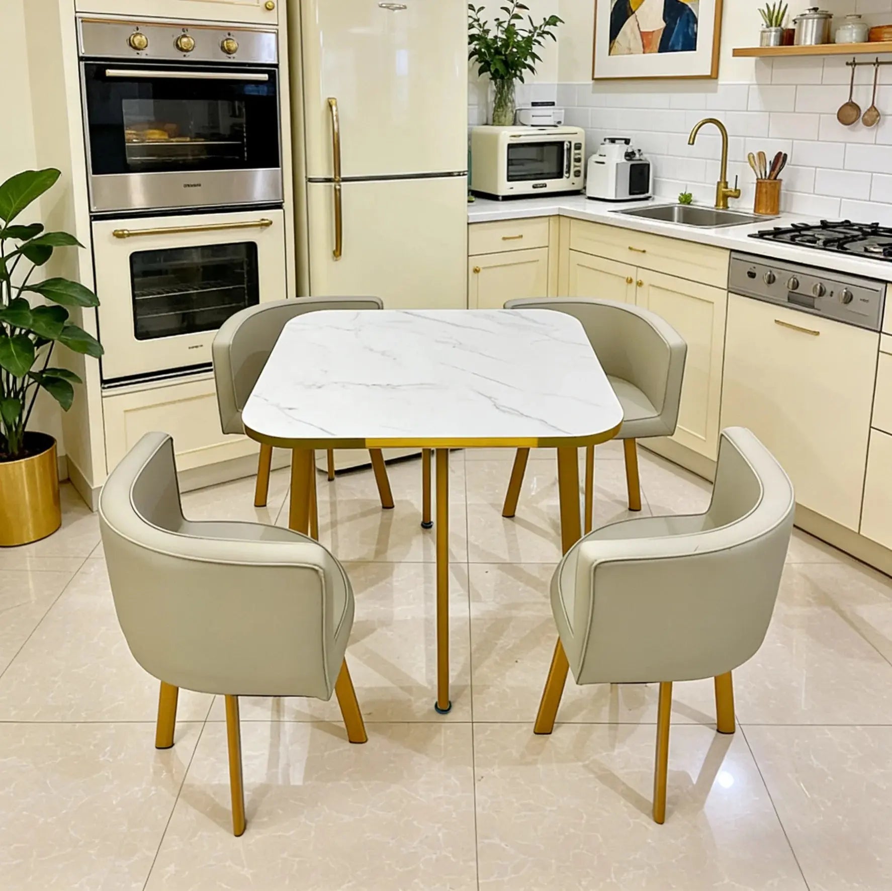 Modern 4-Seater Dining Set with Marble-Effect Table & PU Leather Chairs china 