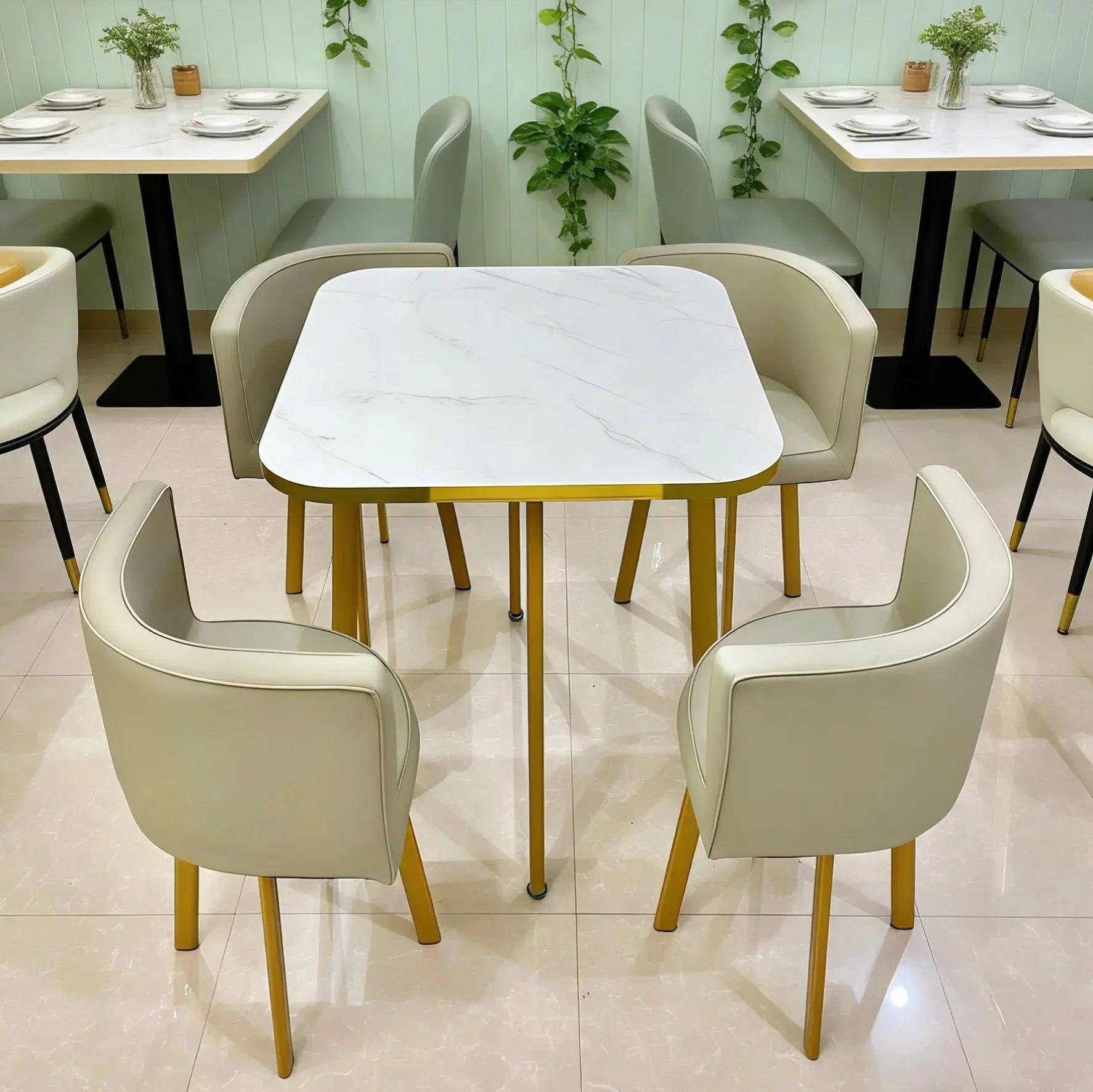 Modern 4-Seater Dining Set with Marble-Effect Table & PU Leather Chairs china 