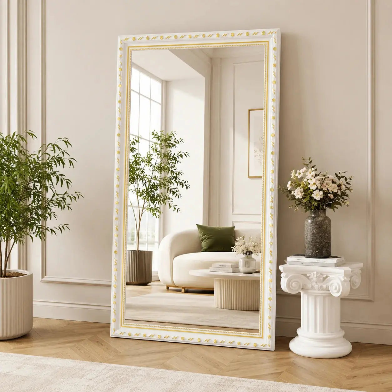 Modern Wooden Full Length Mirror with Stand 50×160cm | White & Gold Frame Scrollcart Qatar 