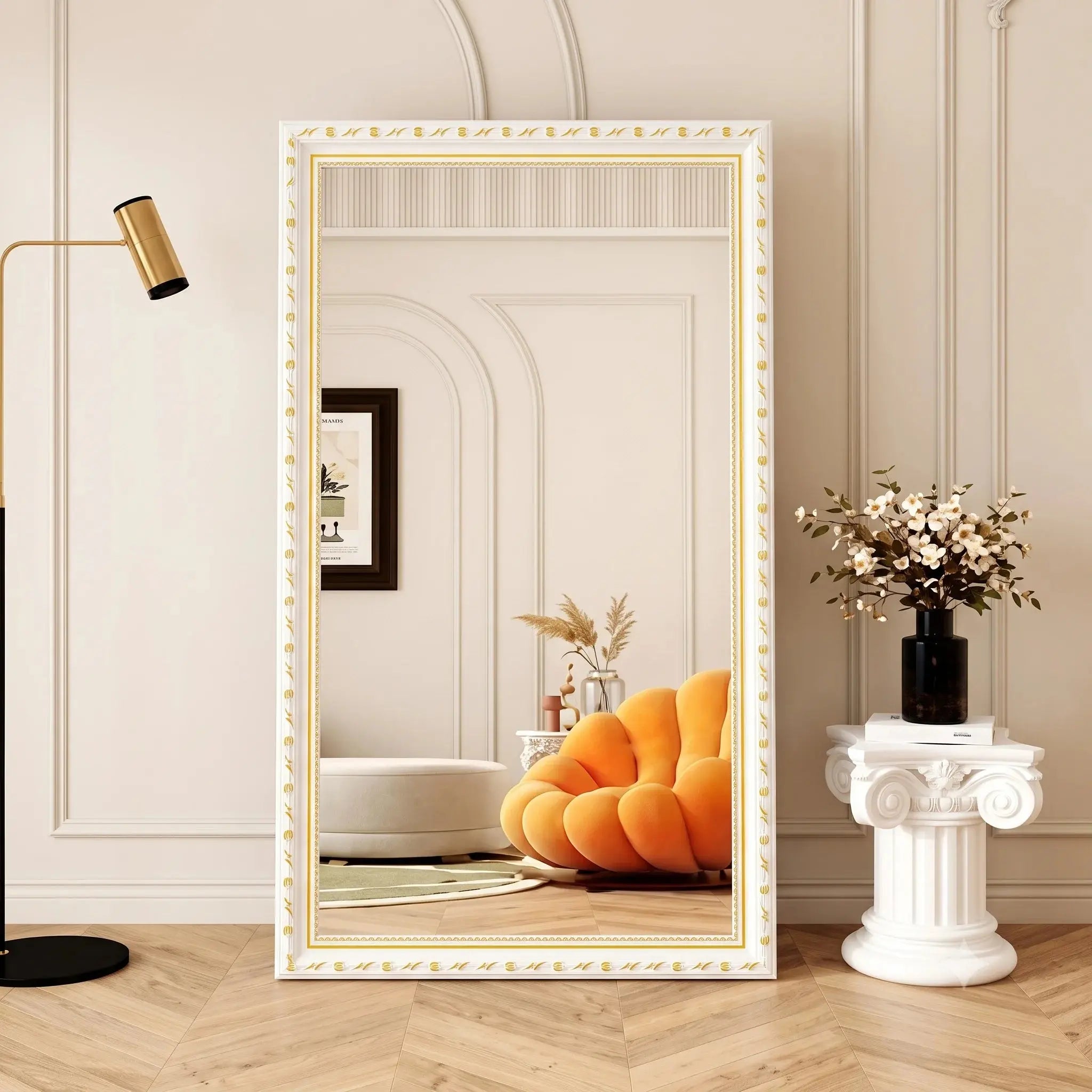 Modern Wooden Full Length Mirror with Stand 50×160cm | White & Gold Frame Scrollcart Qatar 