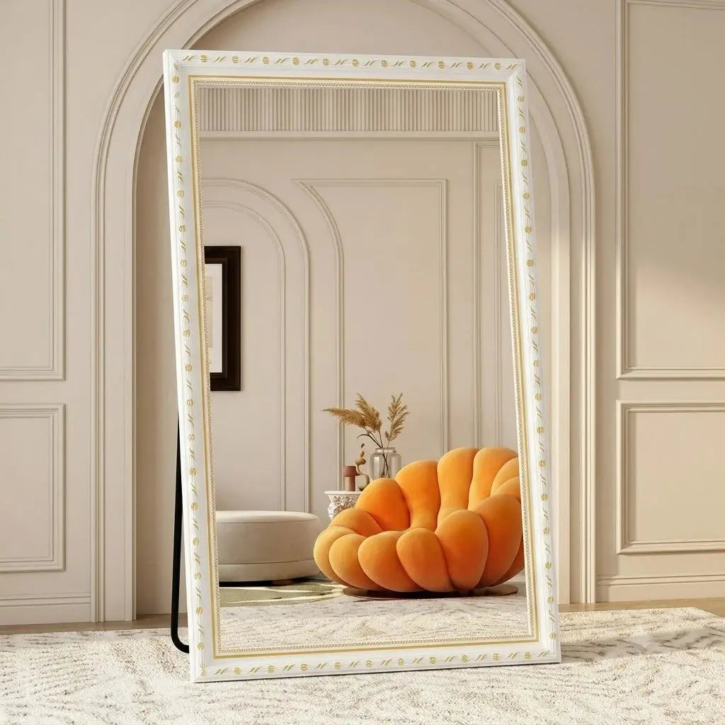 Modern Wooden Full Length Mirror with Stand 50×160cm | White & Gold Frame Scrollcart Qatar 
