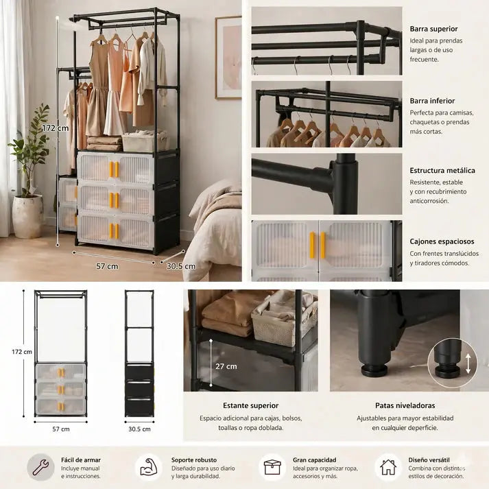 Multifunctional Clothes Organizer with Drawers and Hanging Rack Scrollcart Qatar 