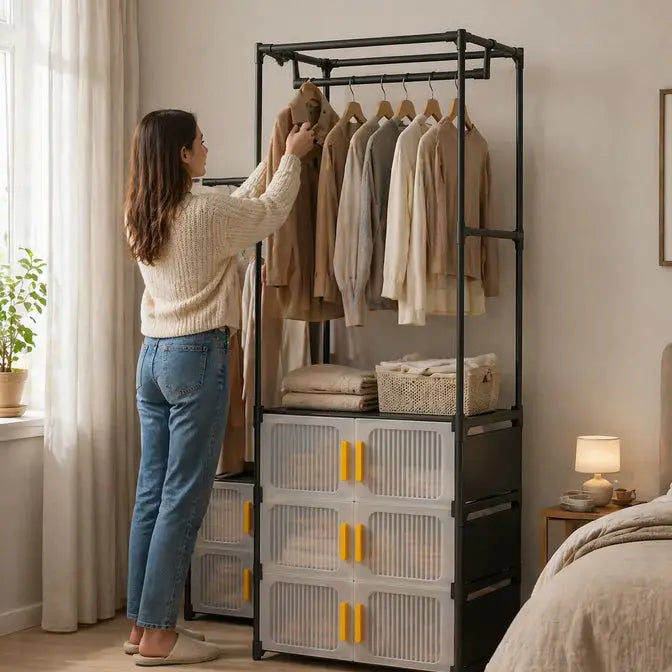 Multifunctional Clothes Organizer with Drawers and Hanging Rack Scrollcart Qatar 