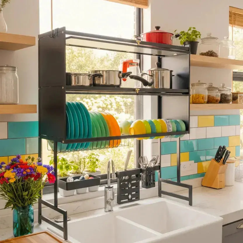 Over-the-Sink Dish Storage Rack with Flip-Cover Doors & Multi-Layer Kitchen Sick Rack 