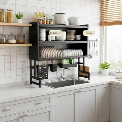 Over-the-Sink Dish Storage Rack with Flip-Cover Doors & Multi-Layer Kitchen Sick Rack