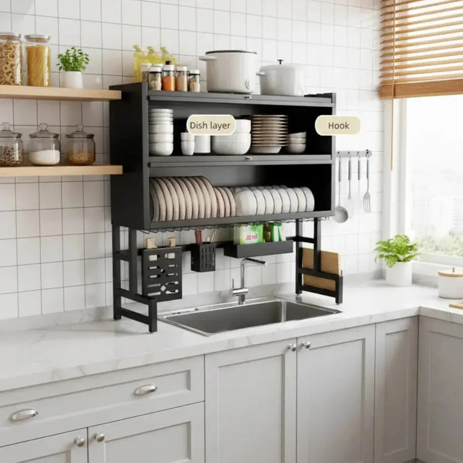 Over-the-Sink Dish Storage Rack with Flip-Cover Doors & Multi-Layer Kitchen Sick Rack
