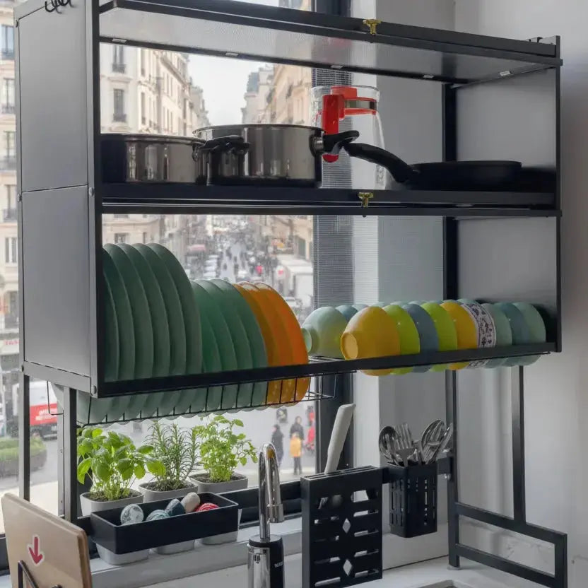 Over-the-Sink Dish Storage Rack with Flip-Cover Doors & Multi-Layer Kitchen Sick Rack
