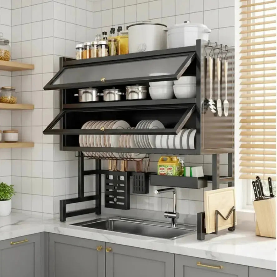 Over-the-Sink Dish Storage Rack with Flip-Cover Doors & Multi-Layer Kitchen Sick Rack