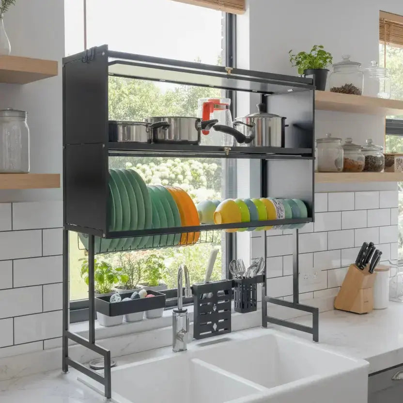 Over-the-Sink Dish Storage Rack with Flip-Cover Doors & Multi-Layer Kitchen Sick Rack
