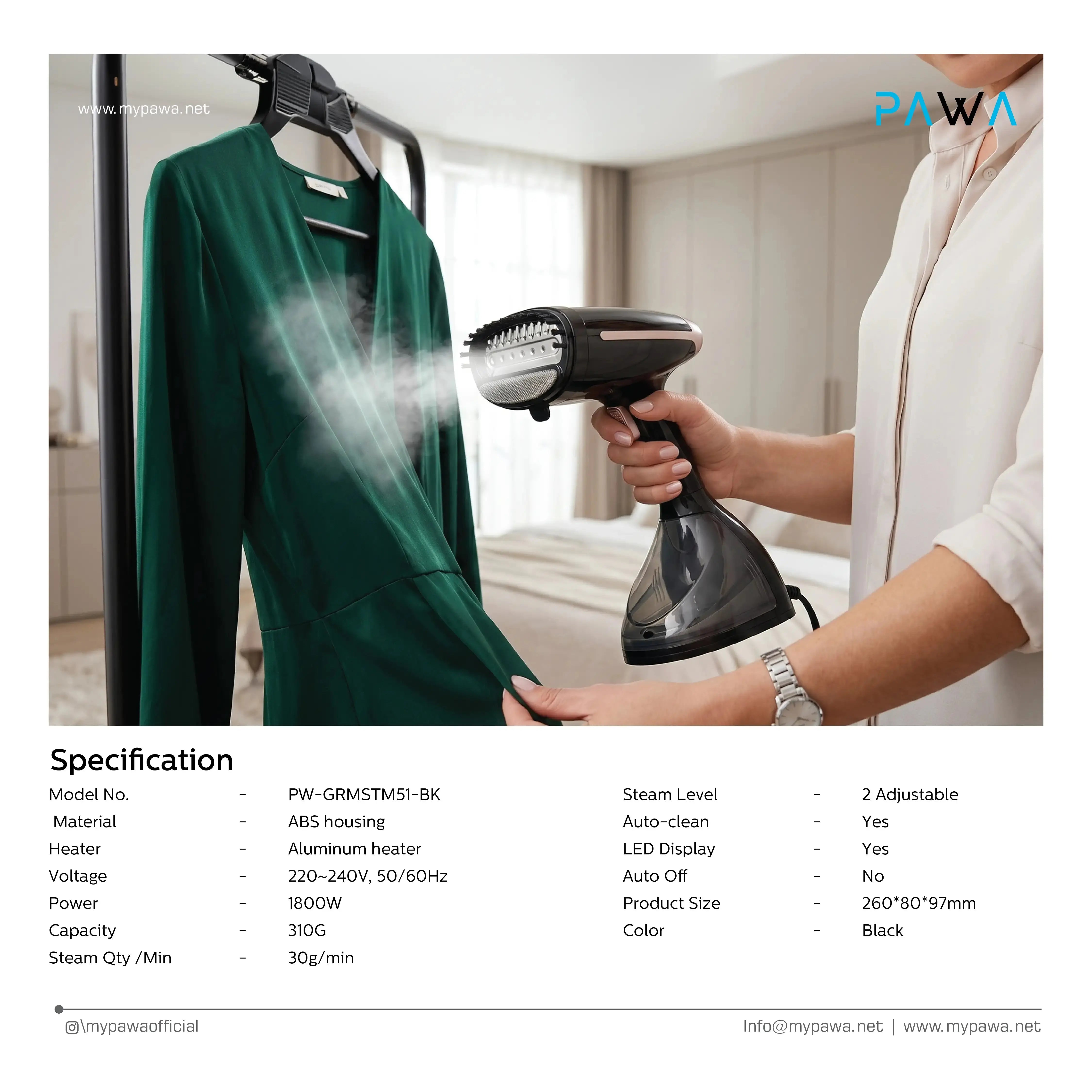 PAWA Optisteam Handheld Steamer with Display 1800W – 310ml Tank Scrollcart Qatar 
