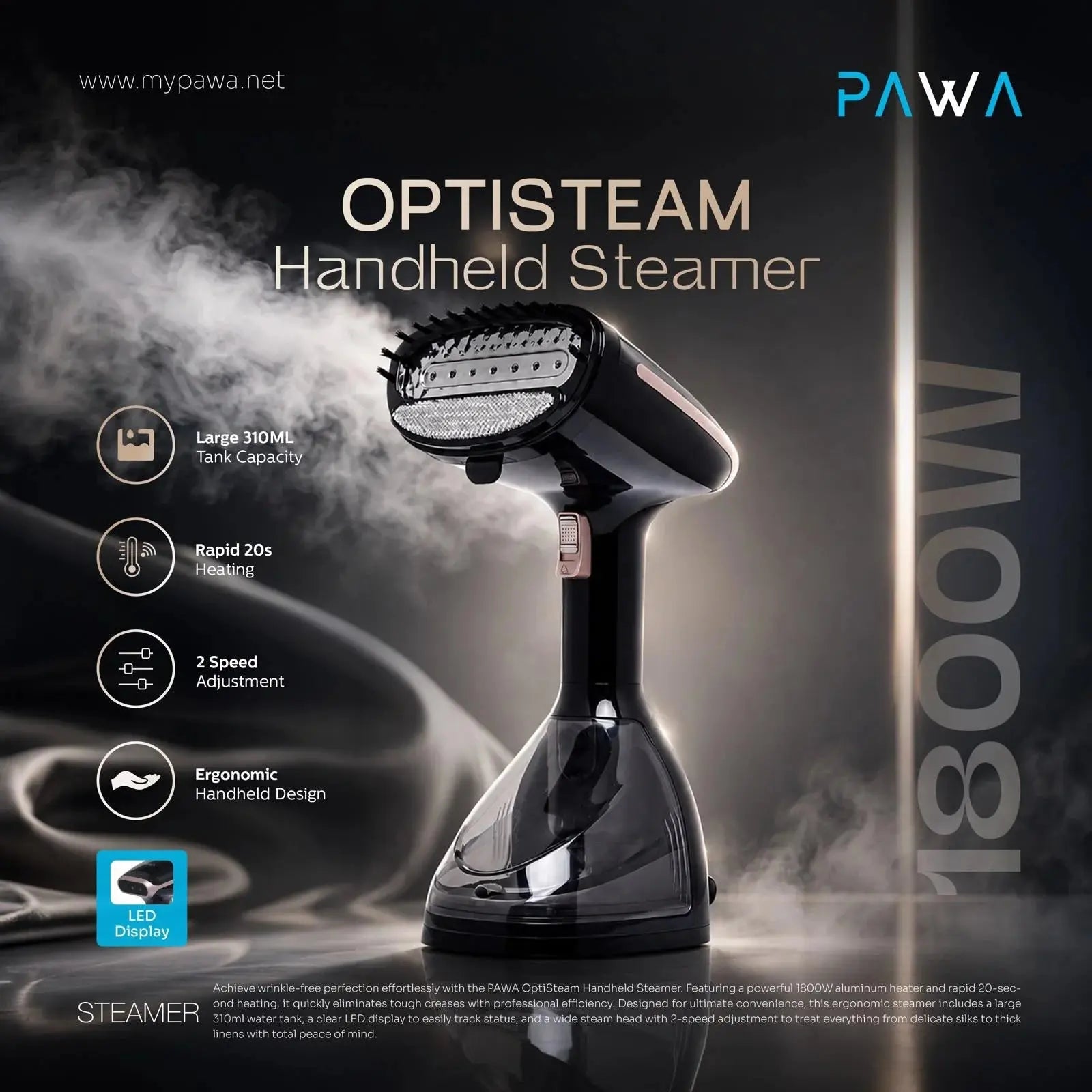 PAWA Optisteam Handheld Steamer with Display 1800W – 310ml Tank Scrollcart Qatar 