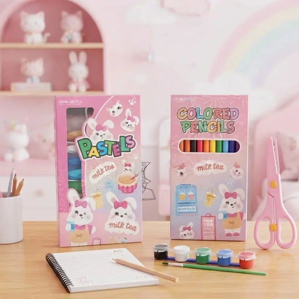 Pink Cartoon Kids Stationery & Coloring Gift Set Scrollcart Qatar 