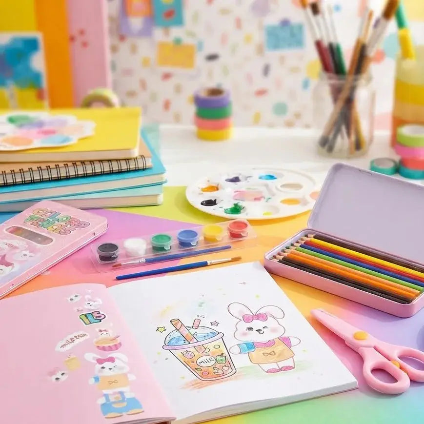 Pink Cartoon Kids Stationery & Coloring Gift Set Scrollcart Qatar 