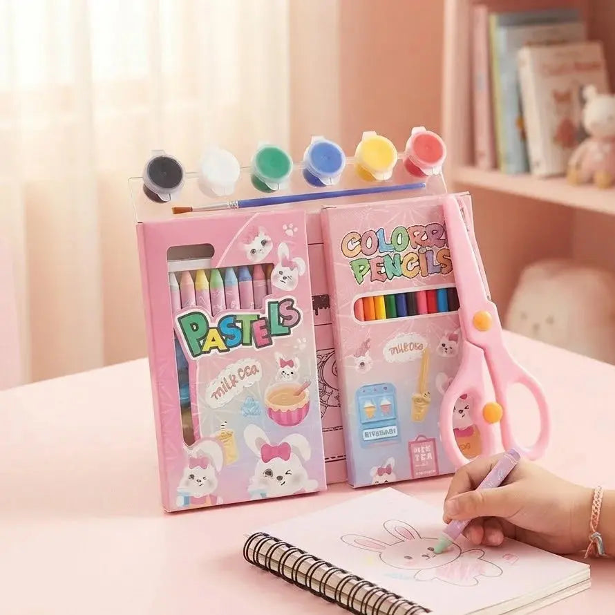 Pink Cartoon Kids Stationery & Coloring Gift Set Scrollcart Qatar 