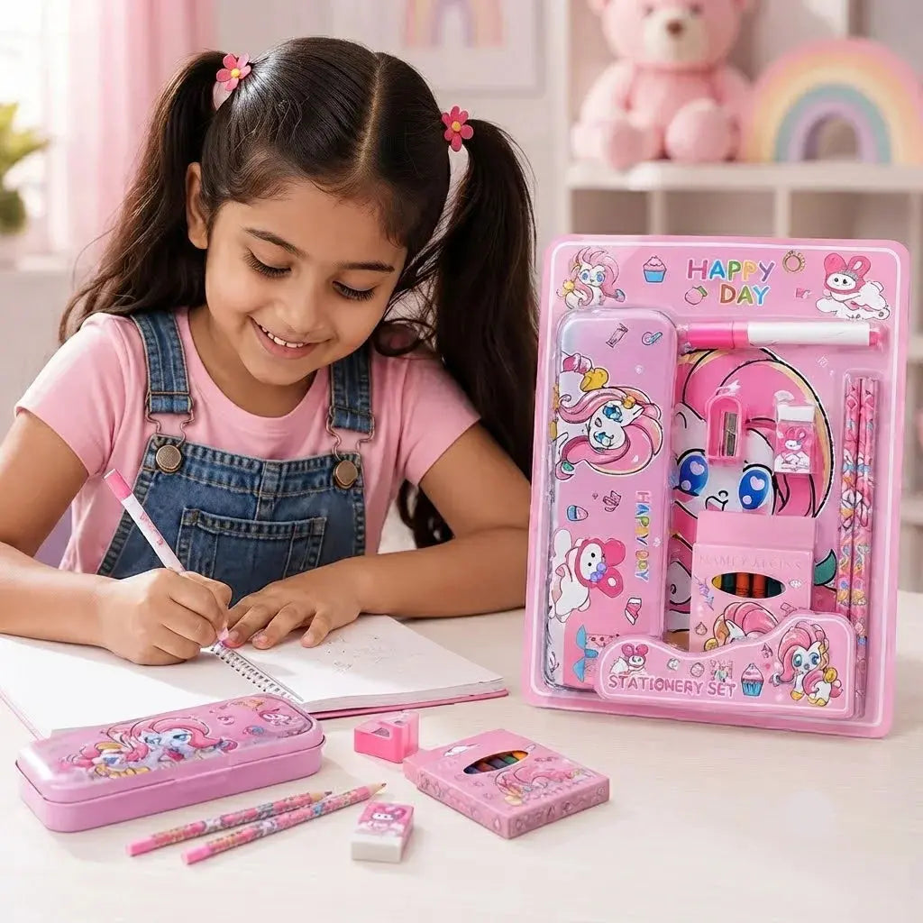Pink Kids Stationery & Pencil Box Set – Cartoon Design Scrollcart Qatar 