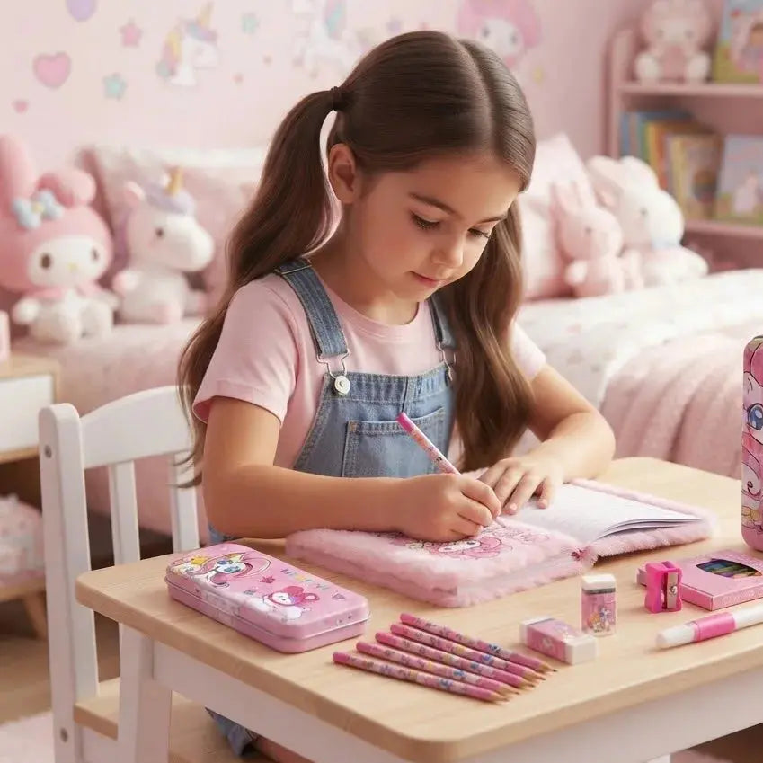 Pink Kids Stationery & Pencil Box Set – Cartoon Design Scrollcart Qatar 