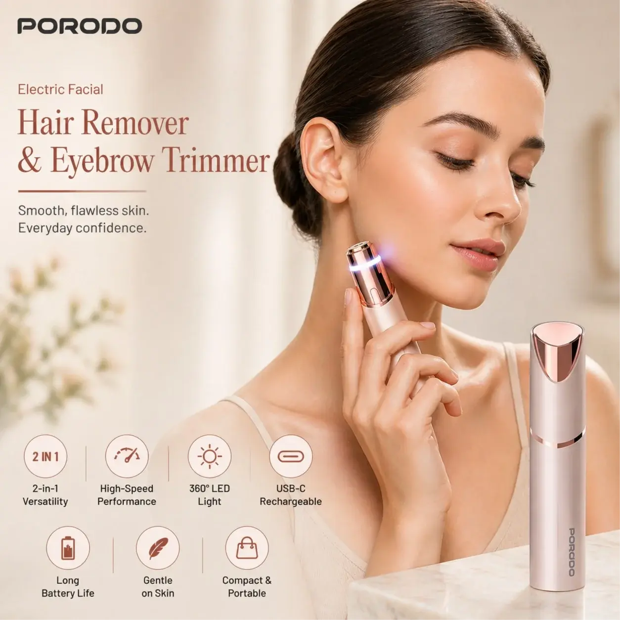 Porodo 2-in-1 Rechargeable Electric Facial Hair Remover & Eyebrow Trimmer - White New Robinson 