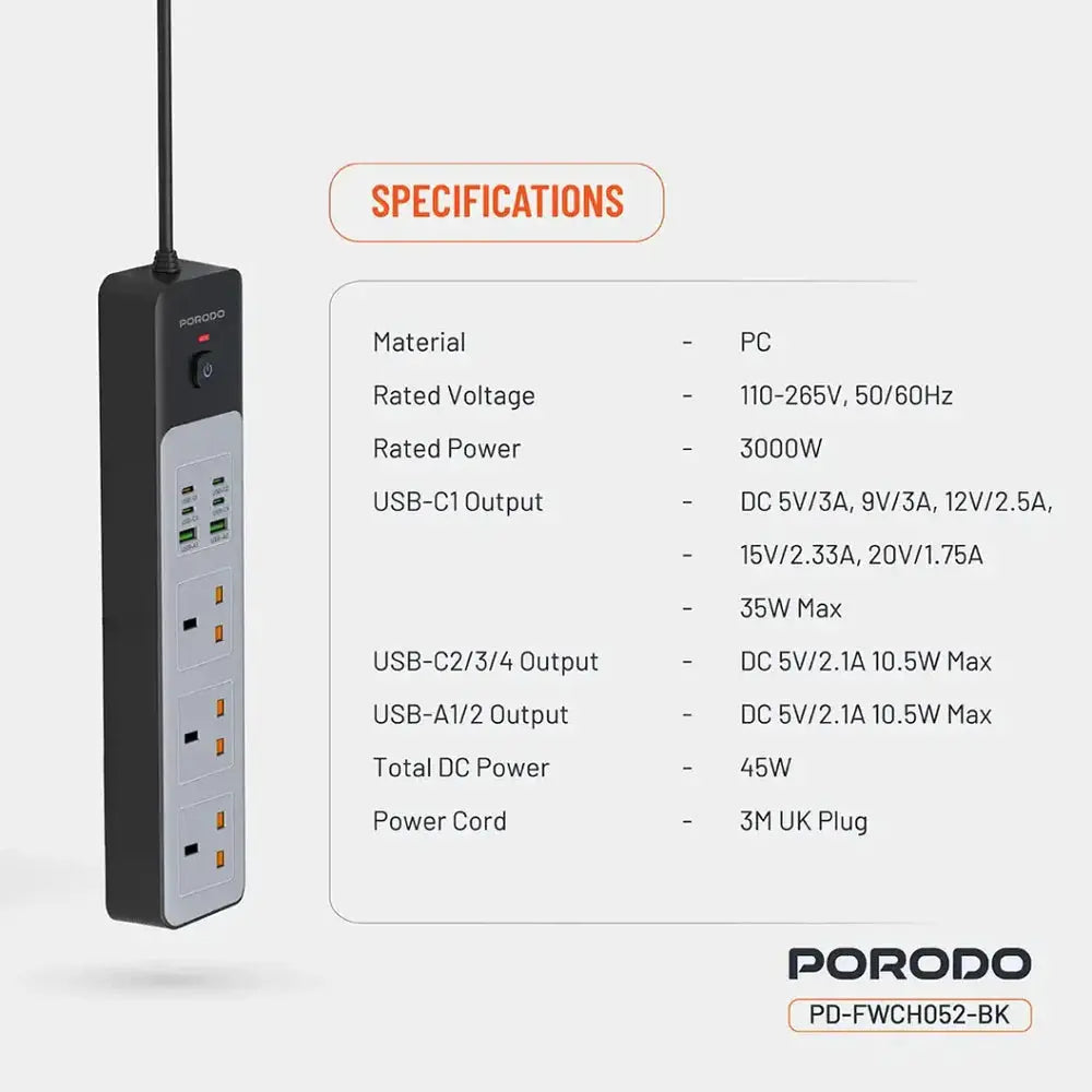 Porodo 3-AC Heavy-Duty Power Strip & 45W Fast Charging Hub Scrollcart Qatar 