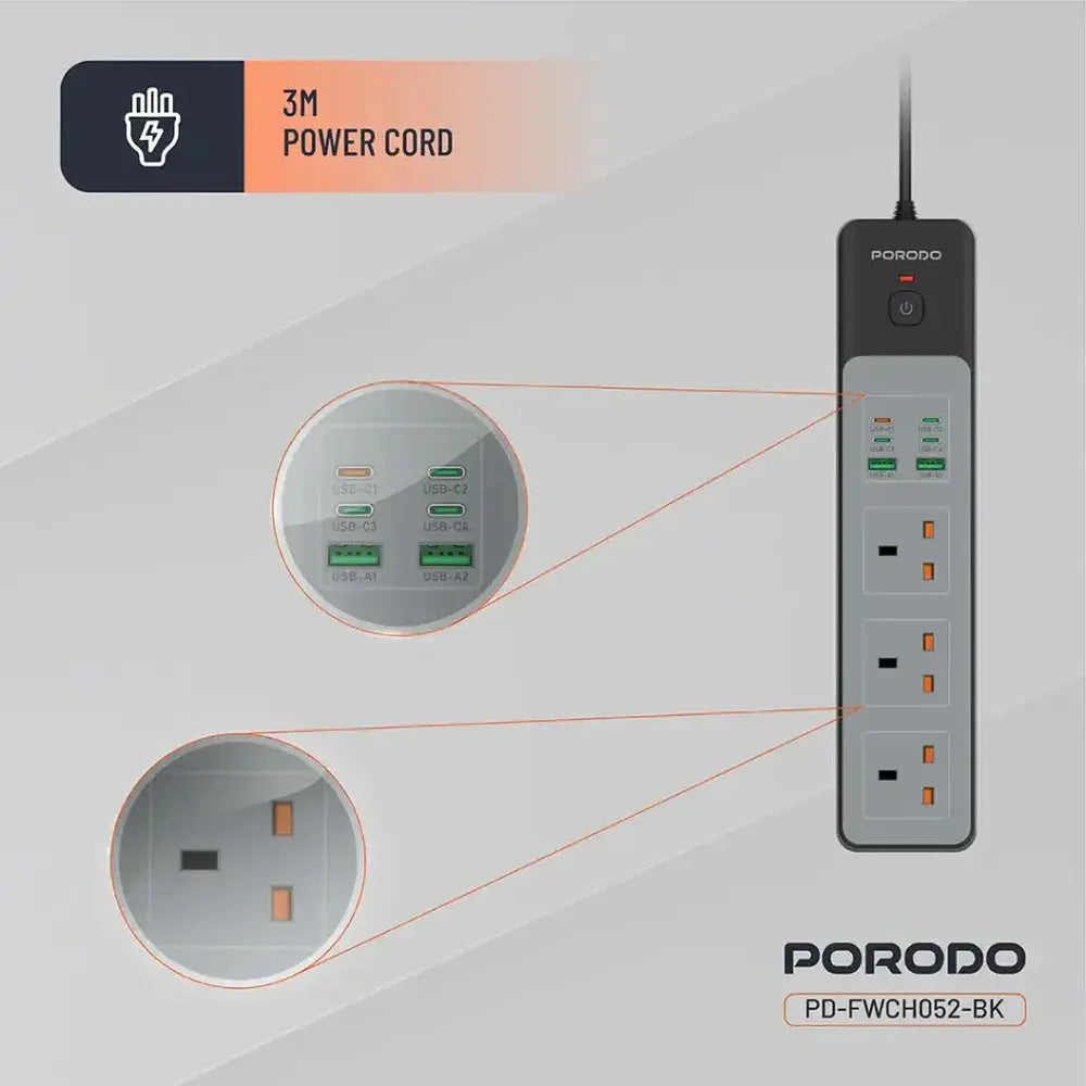 Porodo 3-AC Heavy-Duty Power Strip & 45W Fast Charging Hub Scrollcart Qatar 