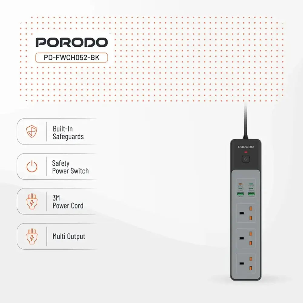 Porodo 3-AC Heavy-Duty Power Strip & 45W Fast Charging Hub Scrollcart Qatar 