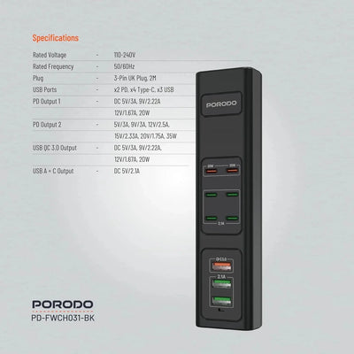 Porodo 9-in-1 USB Fast Charging Hub (35W PD & QC3.0 — Black) Scrollcart Qatar 