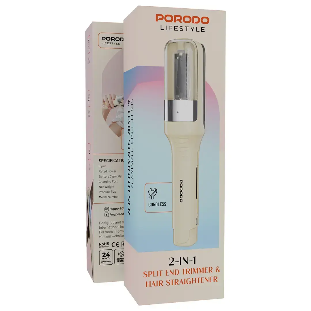 Porodo Lifestyle 2-In-1 Split End Trimmer & Hair Straightener (White) Scrollcart Qatar 