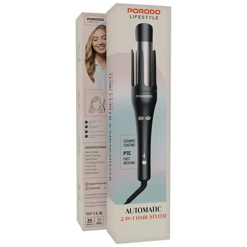 Porodo Lifestyle Automatic 2-In-1 Hair Styler -Black Scrollcart Qatar 