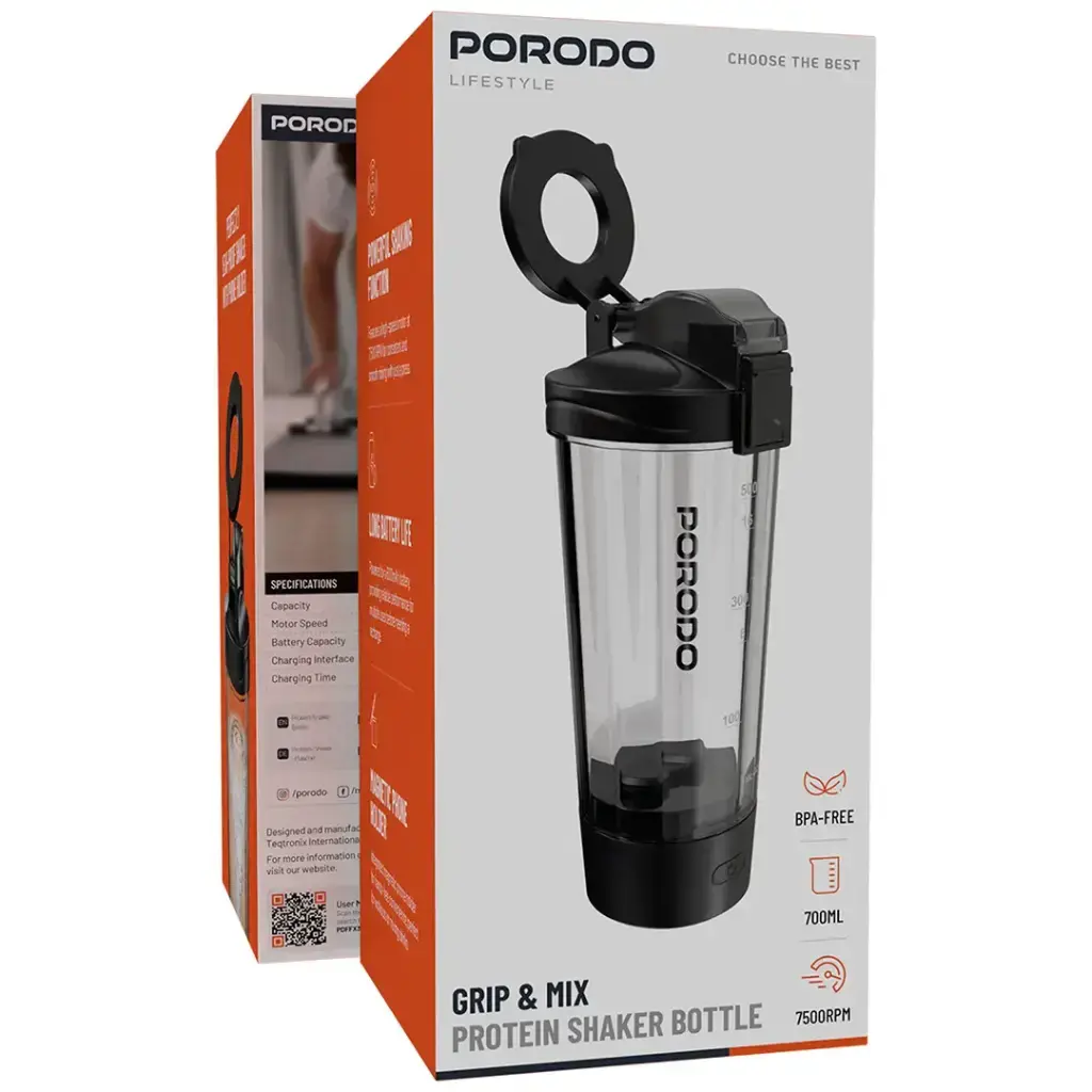 Porodo Lifestyle Grip & Mix Electric Protein Shaker Bottle (Black) Scrollcart Qatar 