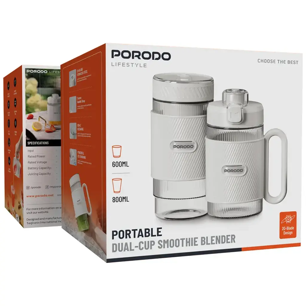 Porodo Lifestyle Portable Dual-Cup Smoothie Blender (White) Scrollcart Qatar 