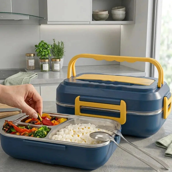 Portable Electric Lunch Box 1.5L – 3-Compartment Stainless Steel Food Warmer Scrollcart Qatar 