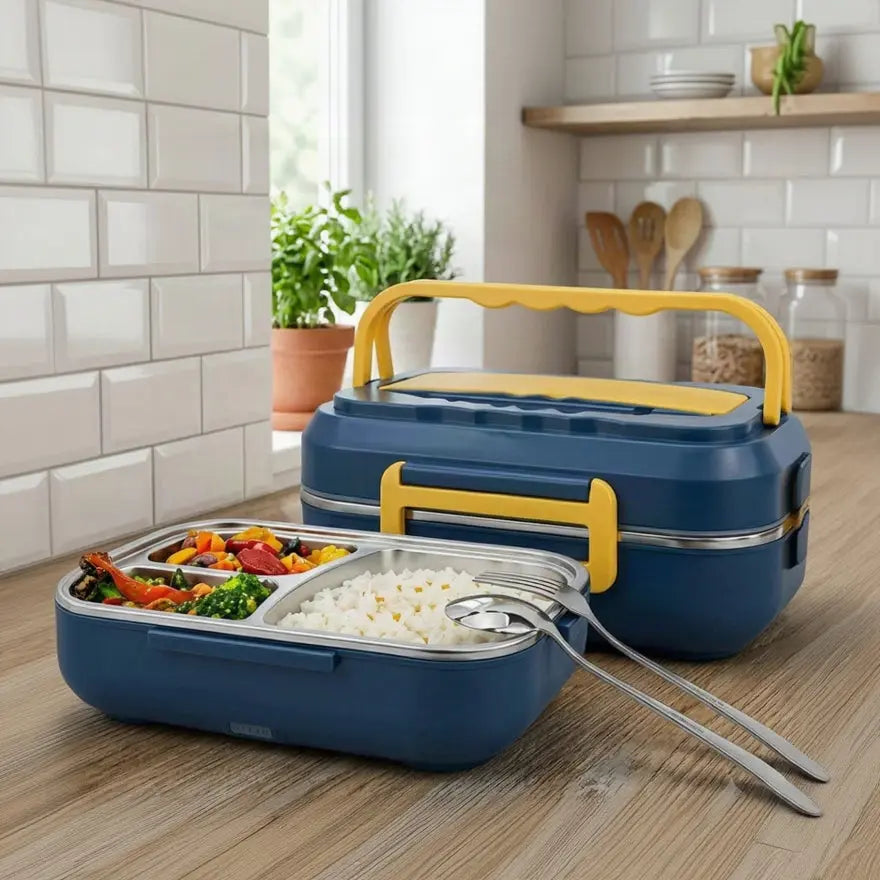 Portable Electric Lunch Box 1.5L – 3-Compartment Stainless Steel Food Warmer Scrollcart Qatar 