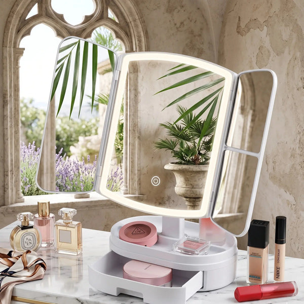 Portable Folding Makeup Mirror with LED Lights & Storage Scrollcart Qatar 