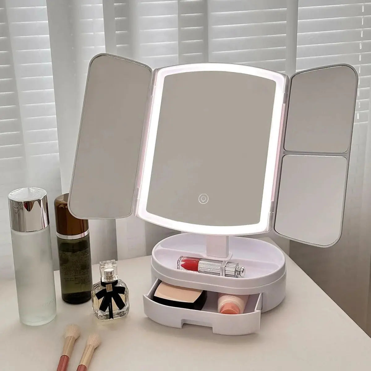 Portable Folding Makeup Mirror with LED Lights & Storage Scrollcart Qatar 