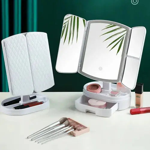 Portable Folding Makeup Mirror with LED Lights & Storage Scrollcart Qatar 