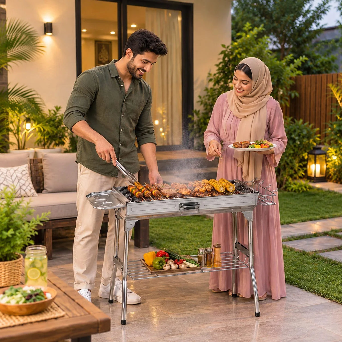 Portable Stainless Steel Charcoal BBQ Grill with Foldable Stand