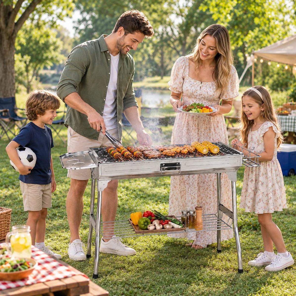 Portable Stainless Steel Charcoal BBQ Grill with Foldable Stand