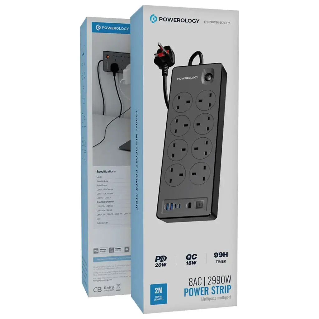 Powerology 8AC 2990W power strip PD 20W fast charging extension socket in Doha Qatar