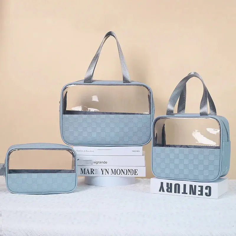 Premium Makeup Bag Set of 3 for Women – Clear PVC Checkered Travel Cosmetic Organizer Scrollcart Qatar 