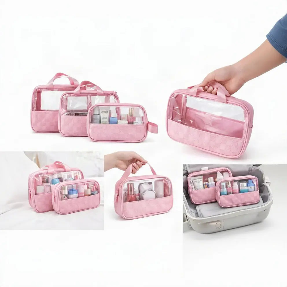 Premium Makeup Bag Set of 3 for Women – Clear PVC Checkered Travel Cosmetic Organizer Scrollcart Qatar 