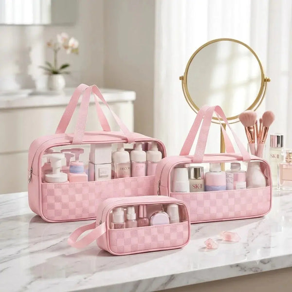 Premium Makeup Bag Set of 3 for Women – Clear PVC Checkered Travel Cosmetic Organizer Scrollcart Qatar 